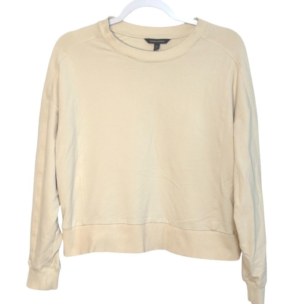 Banana Republic Crew Neck Long‎ Sleeve Sweatshirt Rib Cuff Hem Ivory Cropped  M